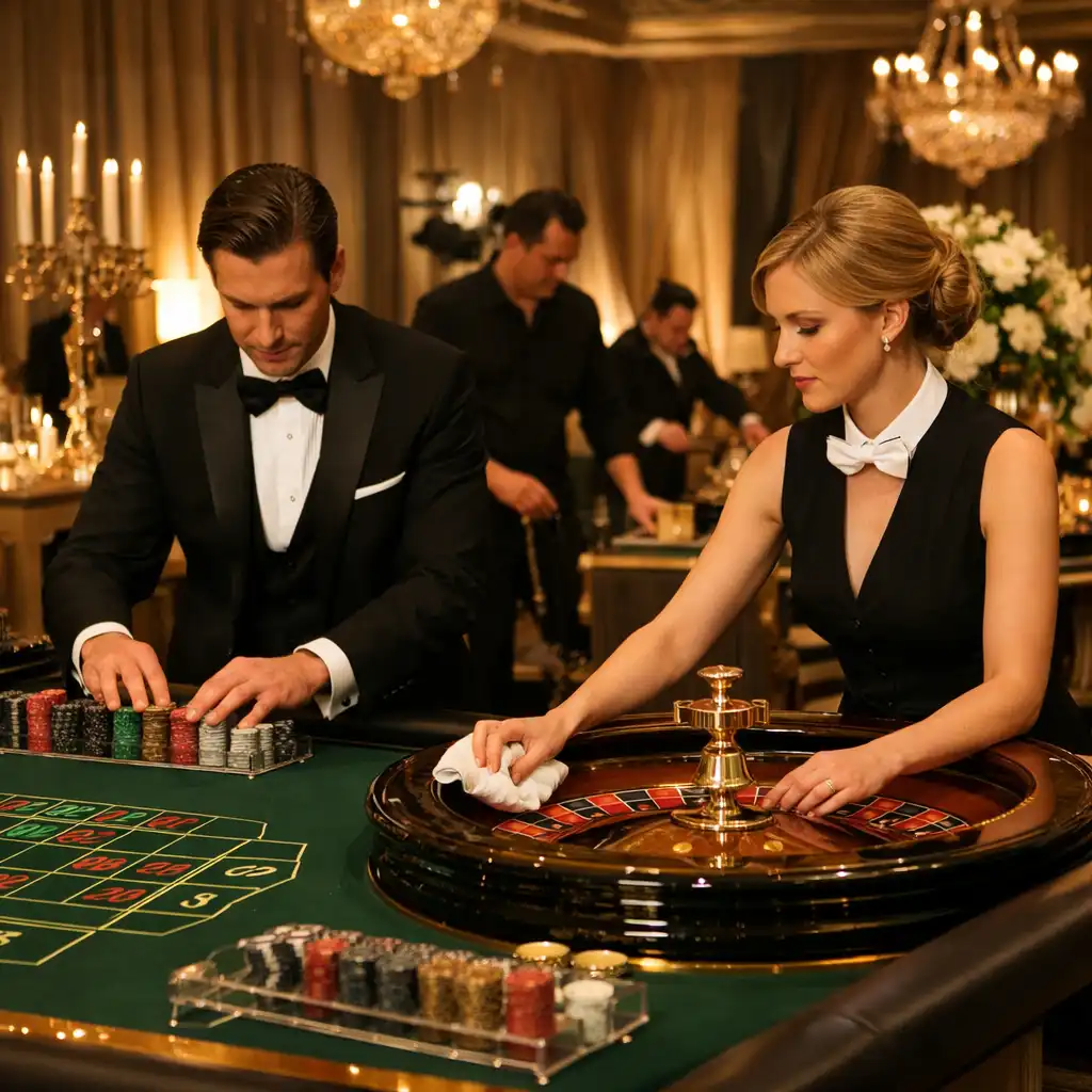 Event production team setting up a luxury casino table in a grand ballroom