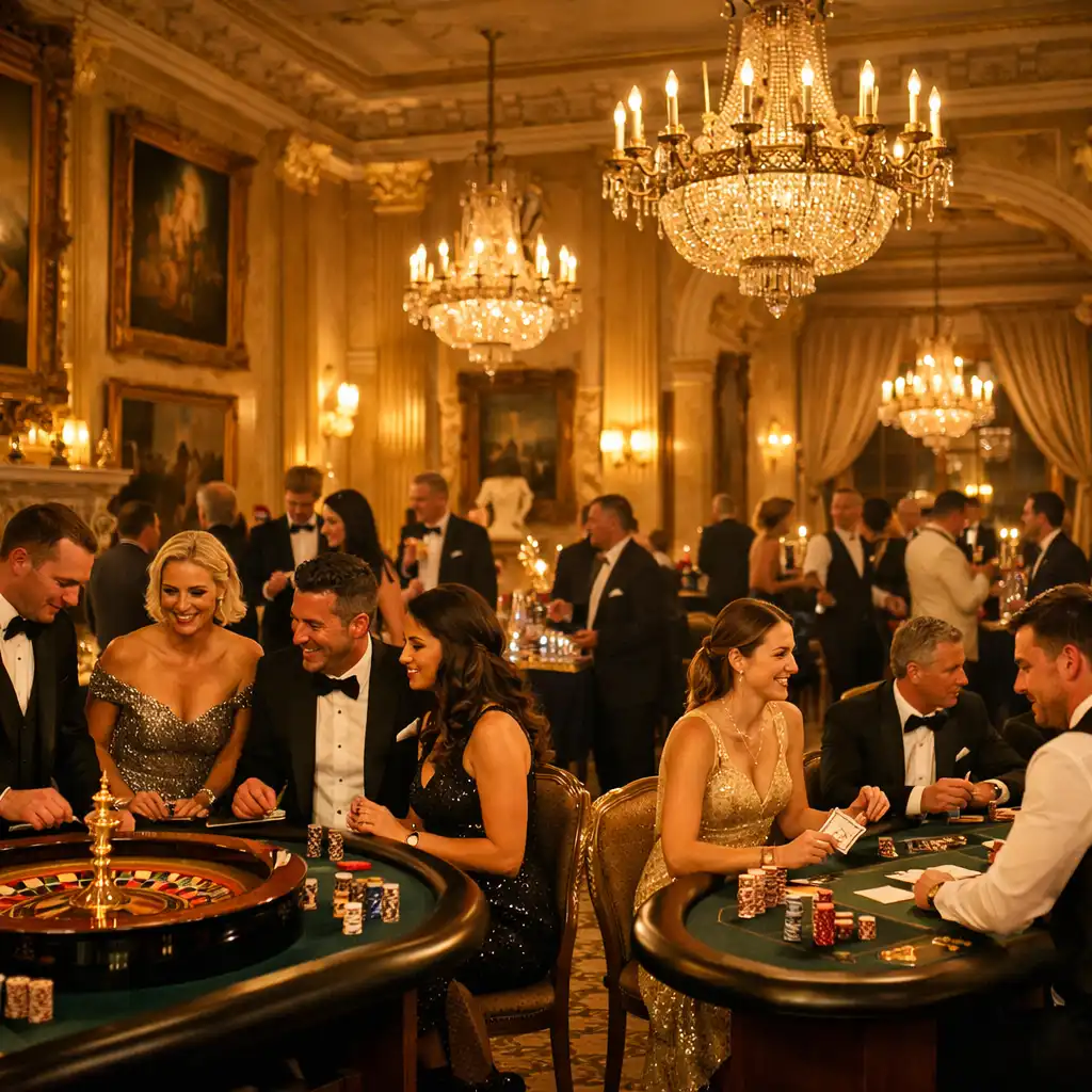 Opulent event scene in a historic British country estate with casino tables and ambient uplighting