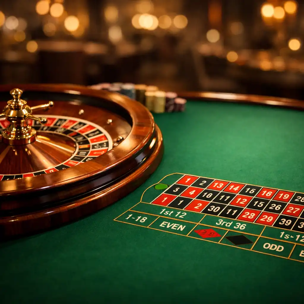 Close-up of a luxurious roulette table with polished wood and brass details