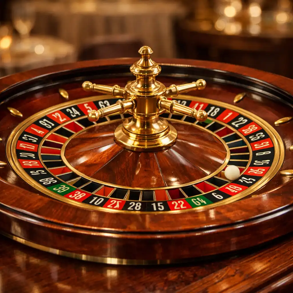 Close-up of an authentic roulette wheel on a polished wooden casino table with champagne gold details