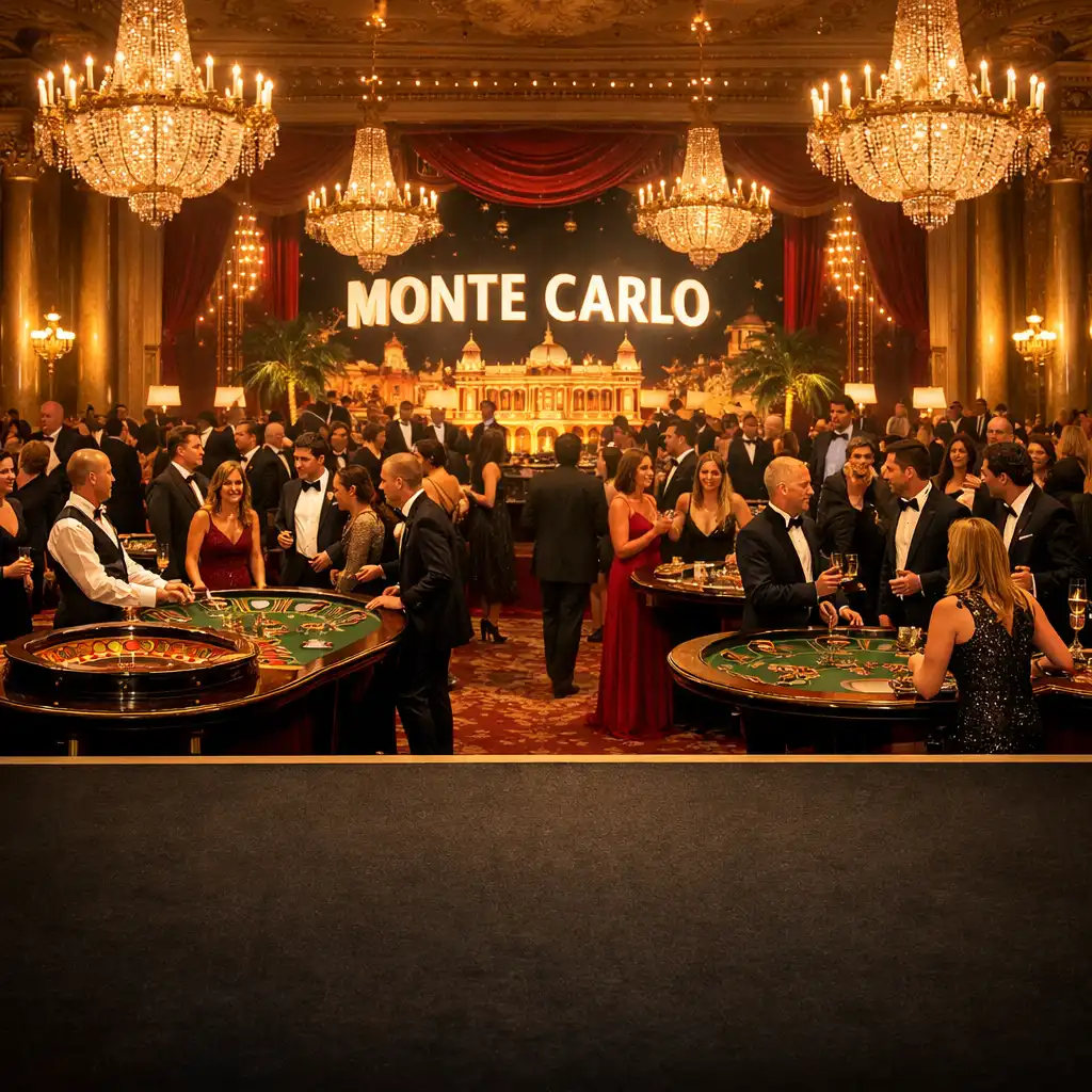 Grand London ballroom transformed into a Monte Carlo casino for a corporate gala