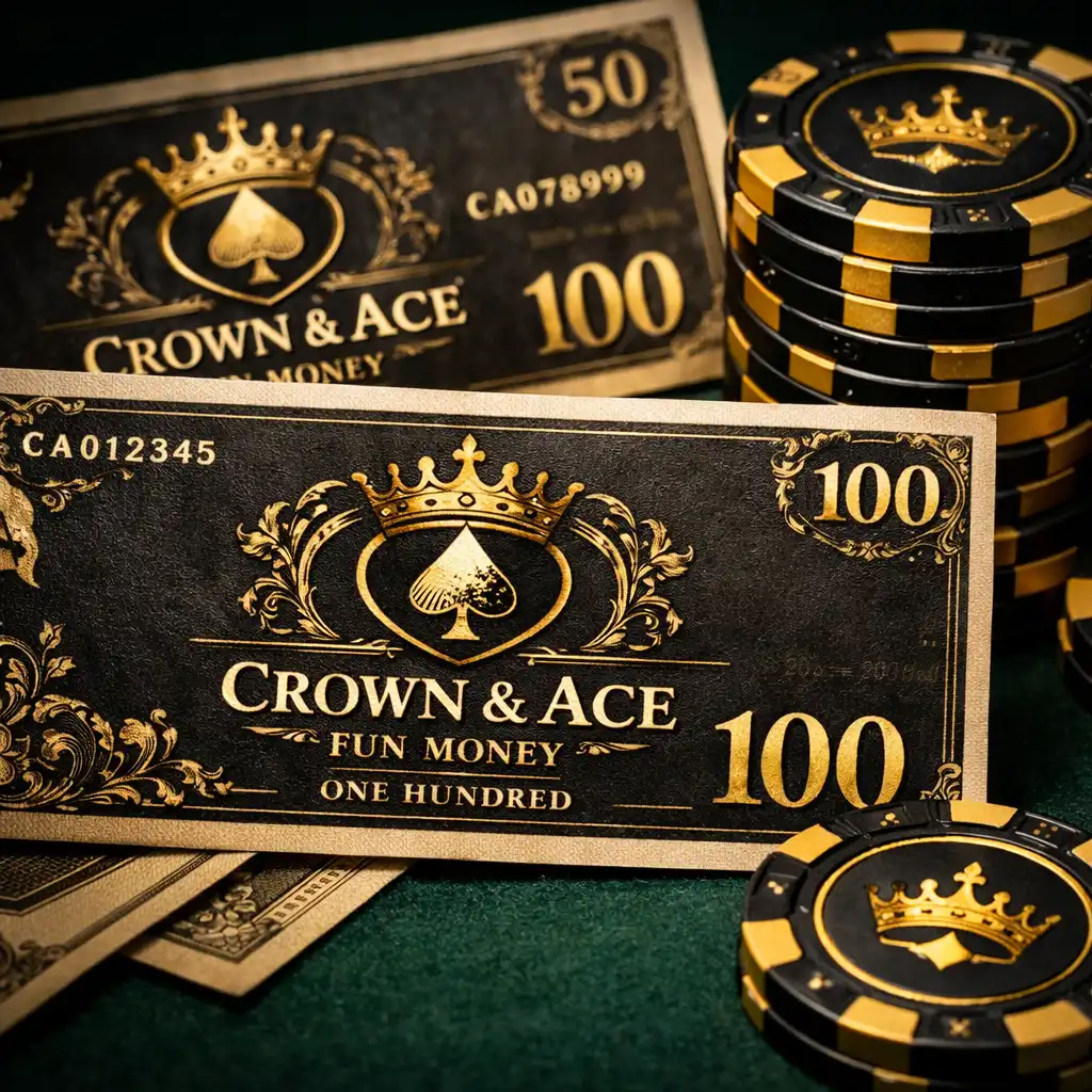 Custom branded fun money notes and clay poker chips arranged on a casino table