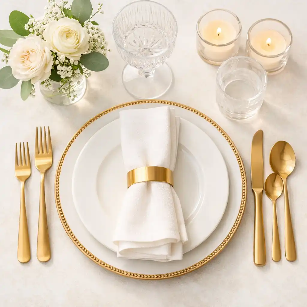 Detail of event styling featuring custom branding and champagne gold accents