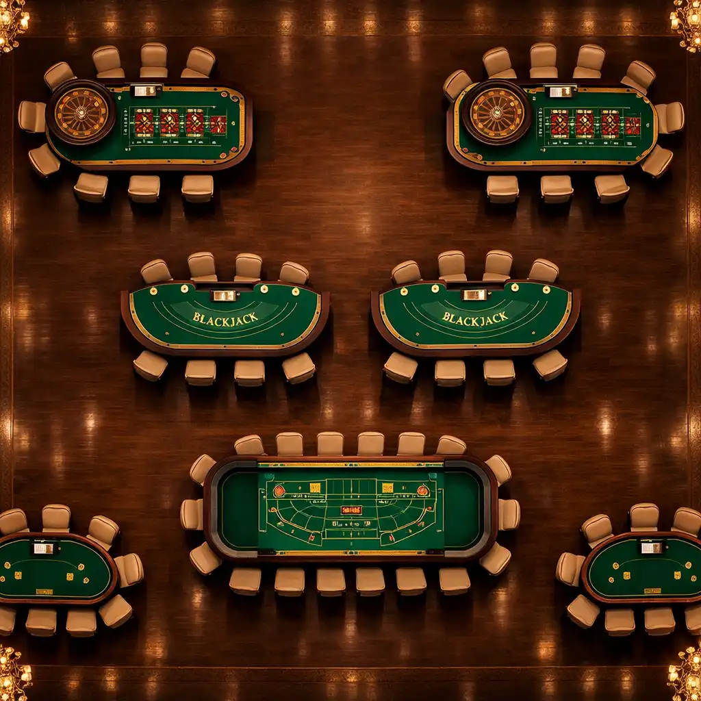 Top-down view of an elegant event floor plan showing multiple casino tables arranged symmetrically in a luxurious ballroom