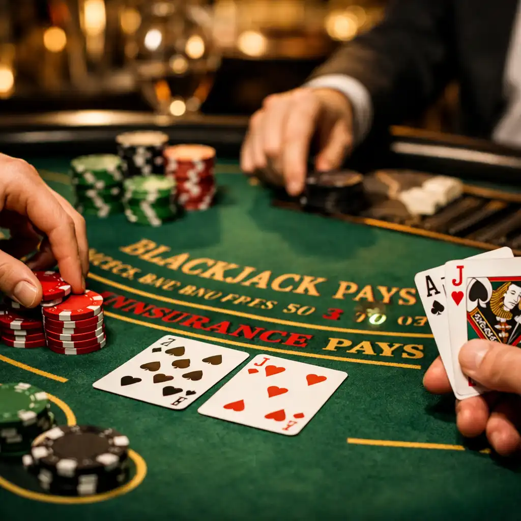 Close-up of a Blackjack table in action with hands placing chips and cards visible