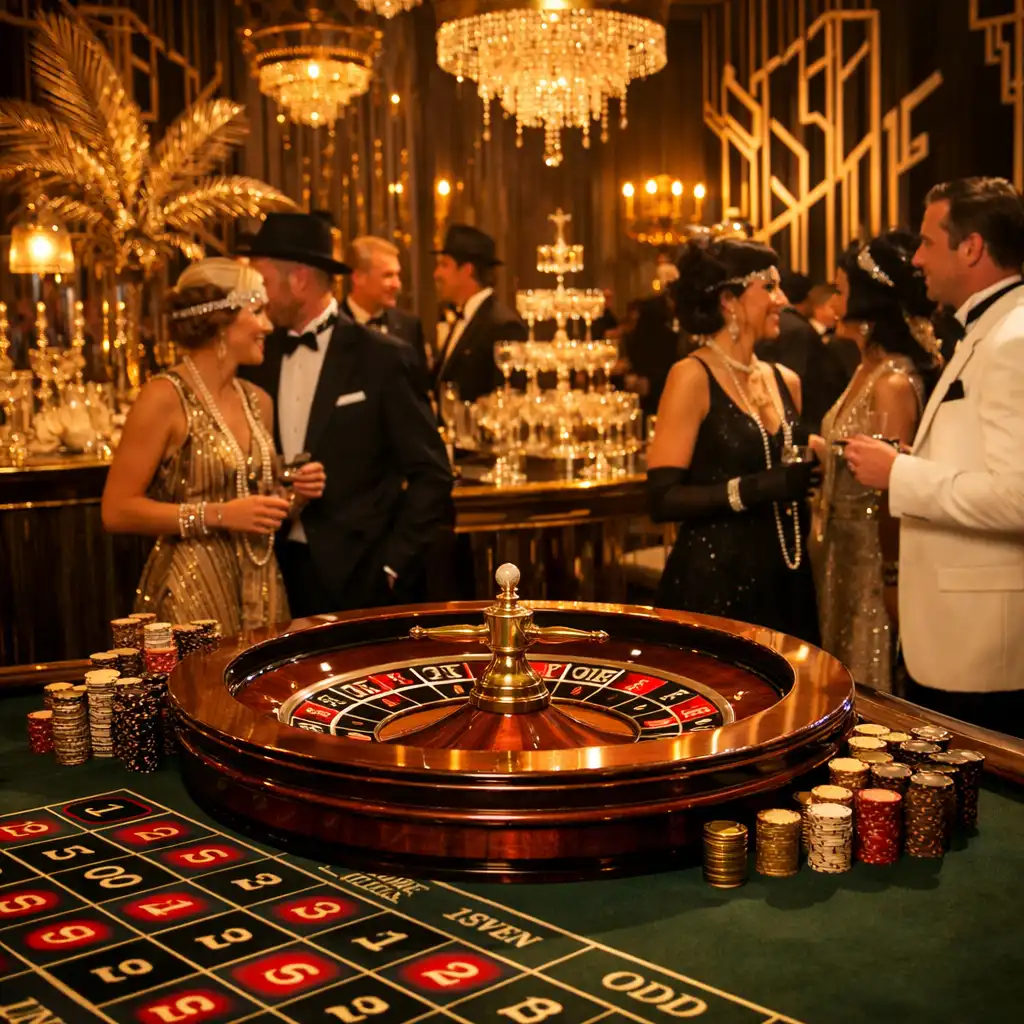 Themed Great Gatsby event setup with art deco decor and a Roulette table as the centerpiece