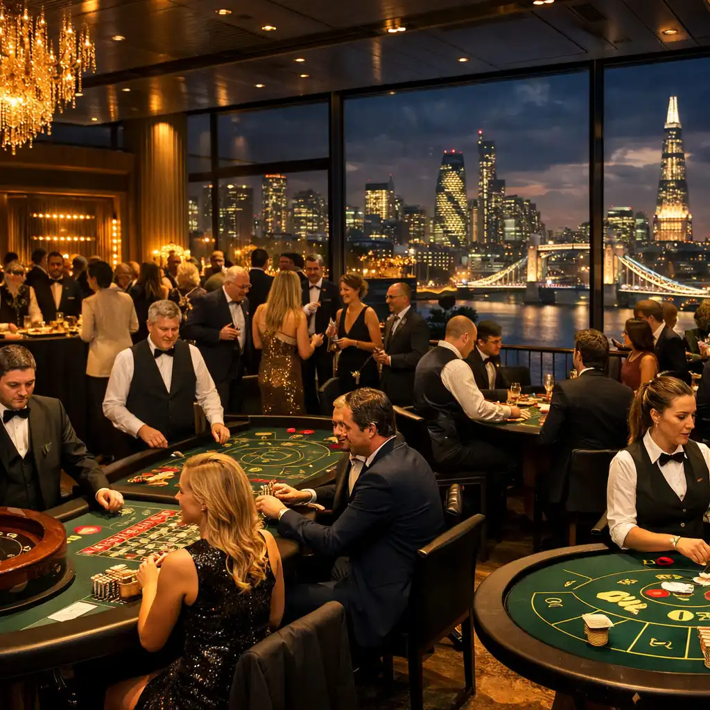 Corporate gala event with a casino area and professional croupiers in a modern London venue