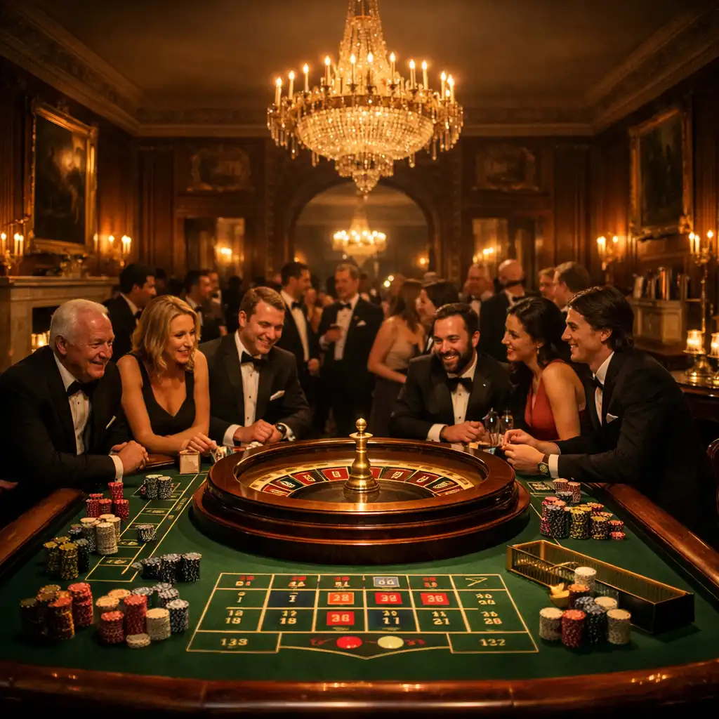 Opulent ballroom with an illuminated roulette table surrounded by black-tie guests