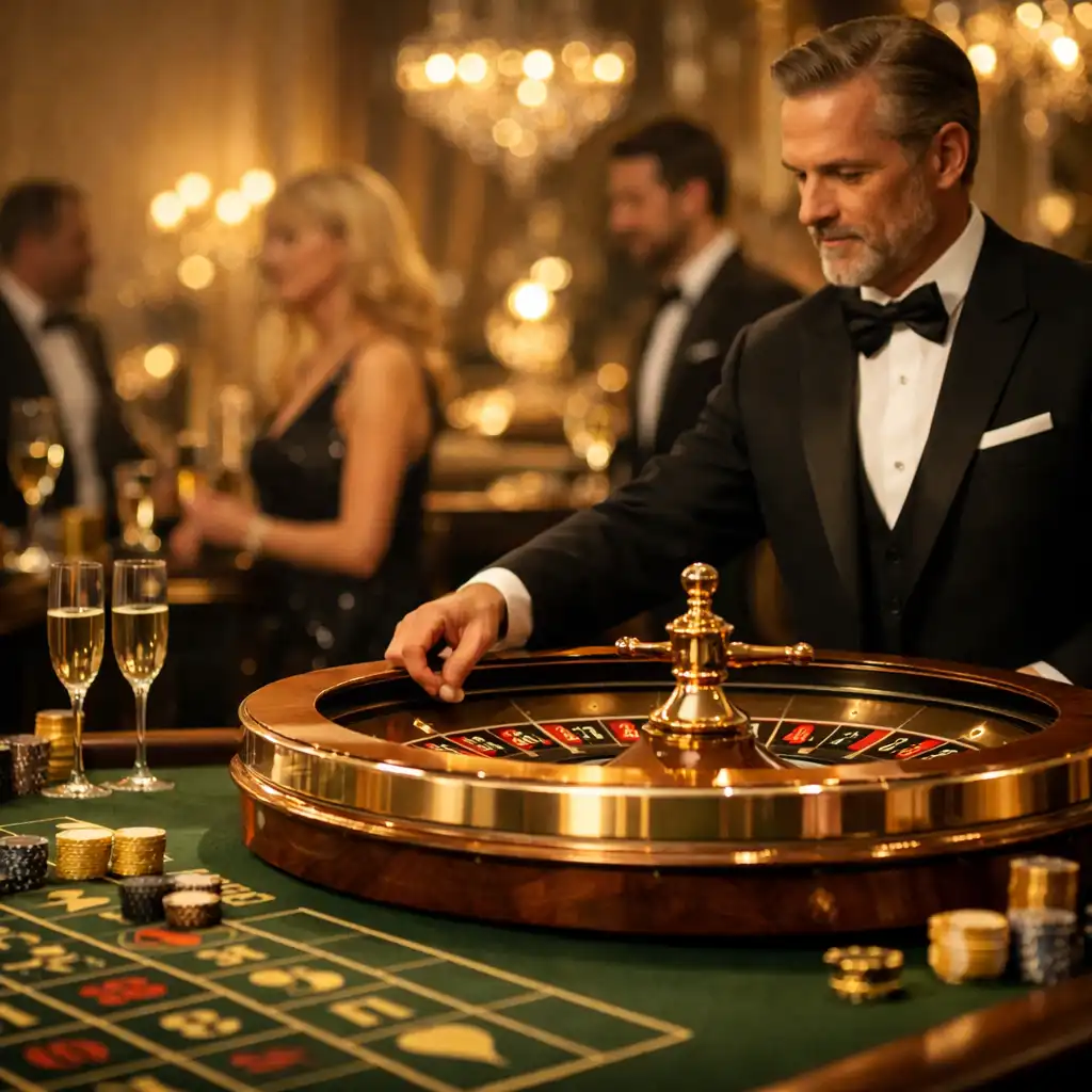 Luxurious fun casino event with a roulette table and elegantly dressed guests