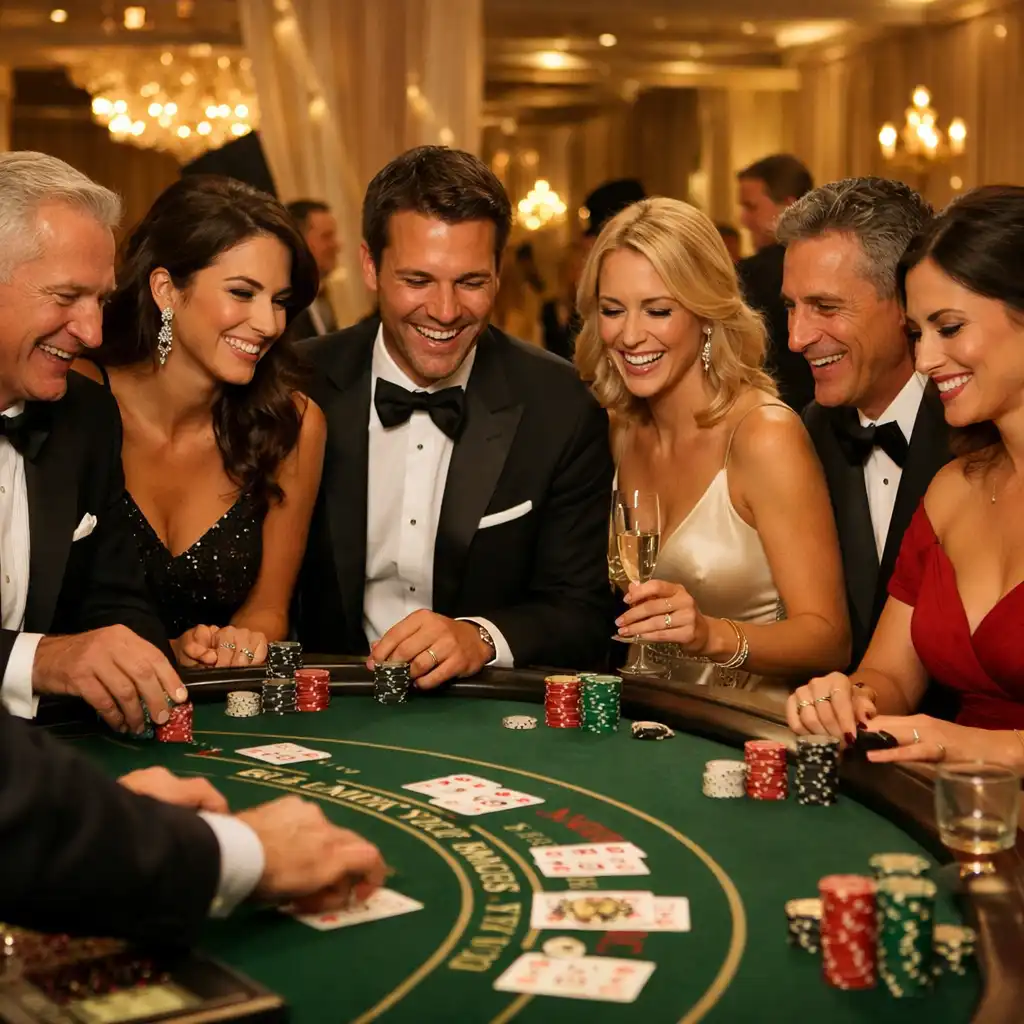Elegantly dressed guests enjoying a fun casino event around a blackjack table