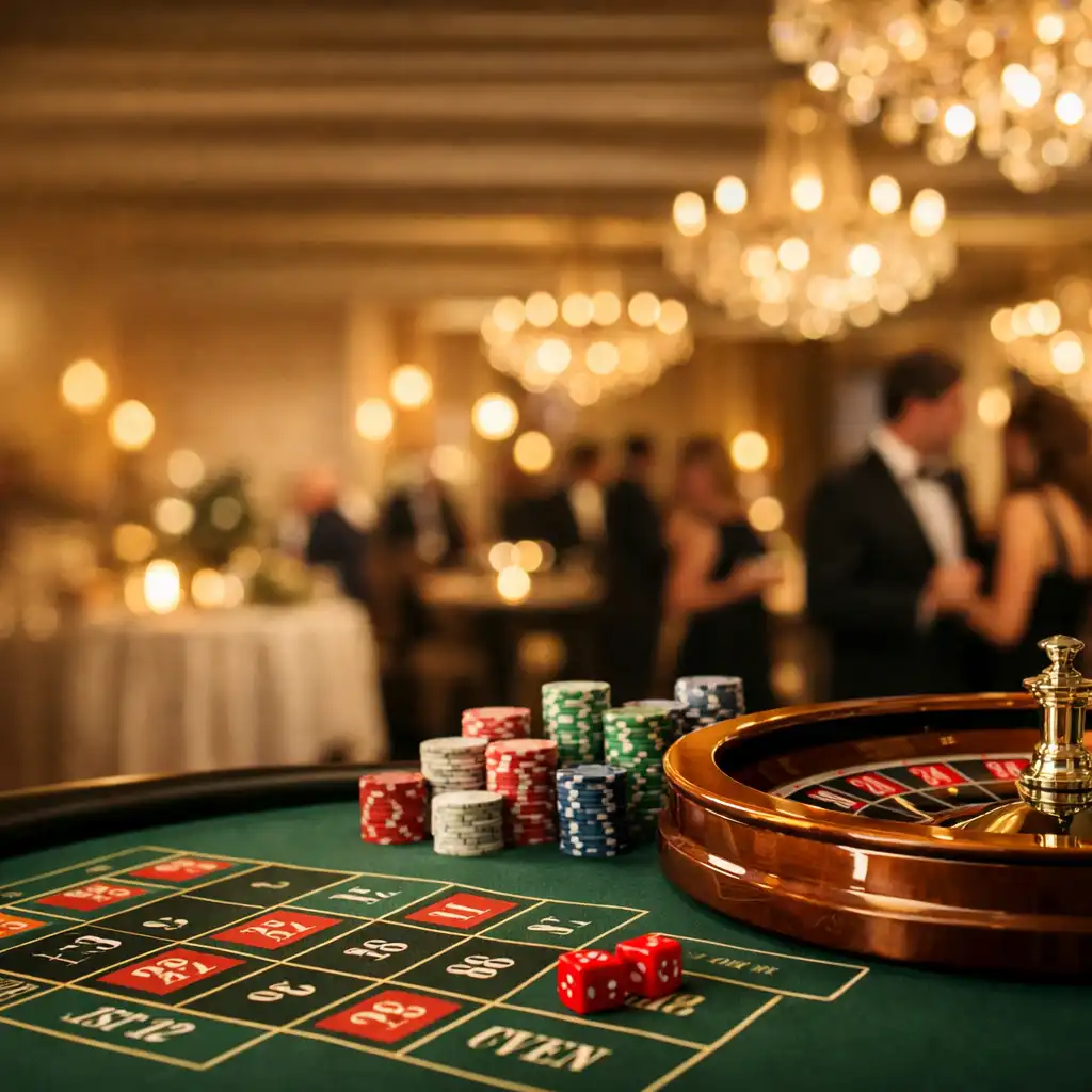 A luxurious event venue interior with a styled fun casino table, chandeliers, and warm champagne gold lighting