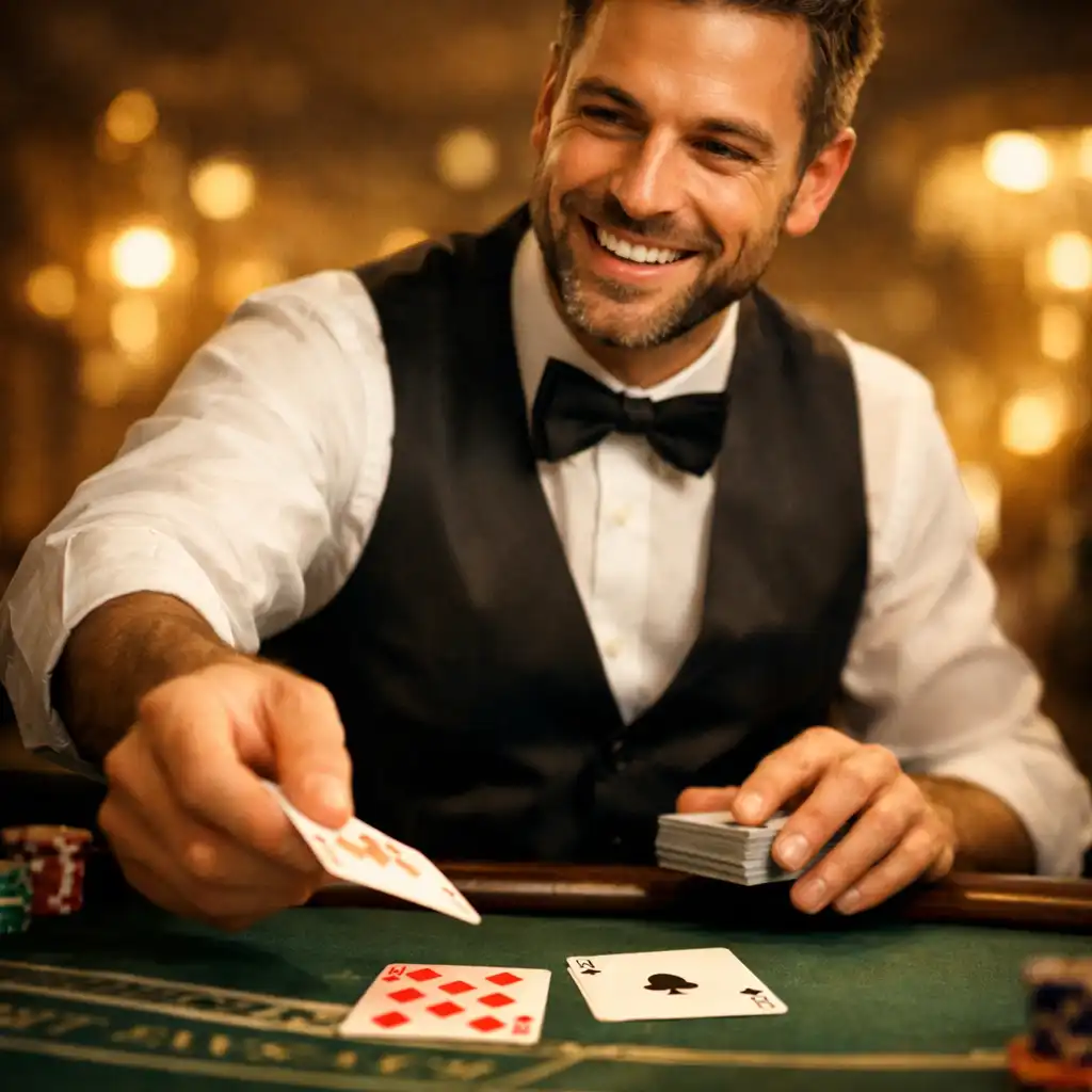 Professional croupier in formal attire dealing cards at a blackjack table