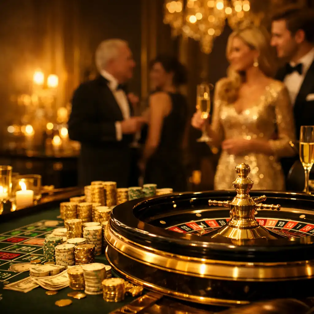 Opulent private event in a Mayfair residence with a roulette table and elegant guests